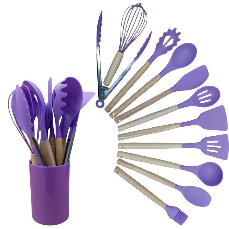 Kit 12 Utensílios De Cozinha Em Silicone E Cabo De Madeira Semi Profissional