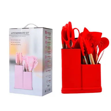 Kit 12 Utensílios De Cozinha Em Silicone E Cabo De Madeira Semi Profissional