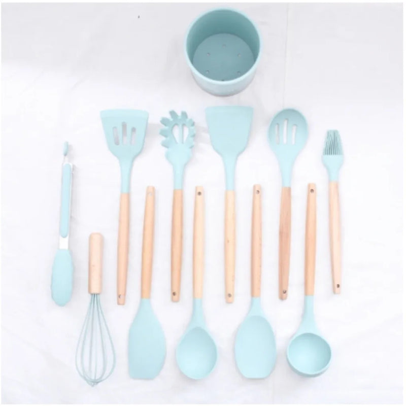 Kit 12 Utensílios De Cozinha Em Silicone E Cabo De Madeira Semi Profissional